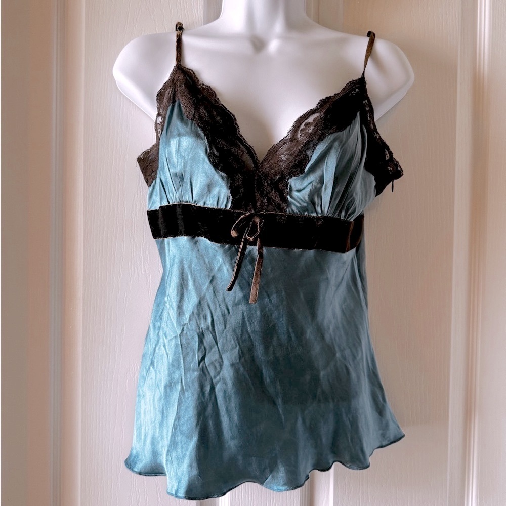 Fresh Twist 100% Silk Teal Camisole with Lace Trim Size Large